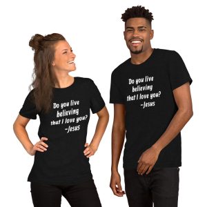 unisex-staple-t-shirt-black-heather-front-625d775b7f34a.jpg Do you believe Short-sleeve unisex t-shirt