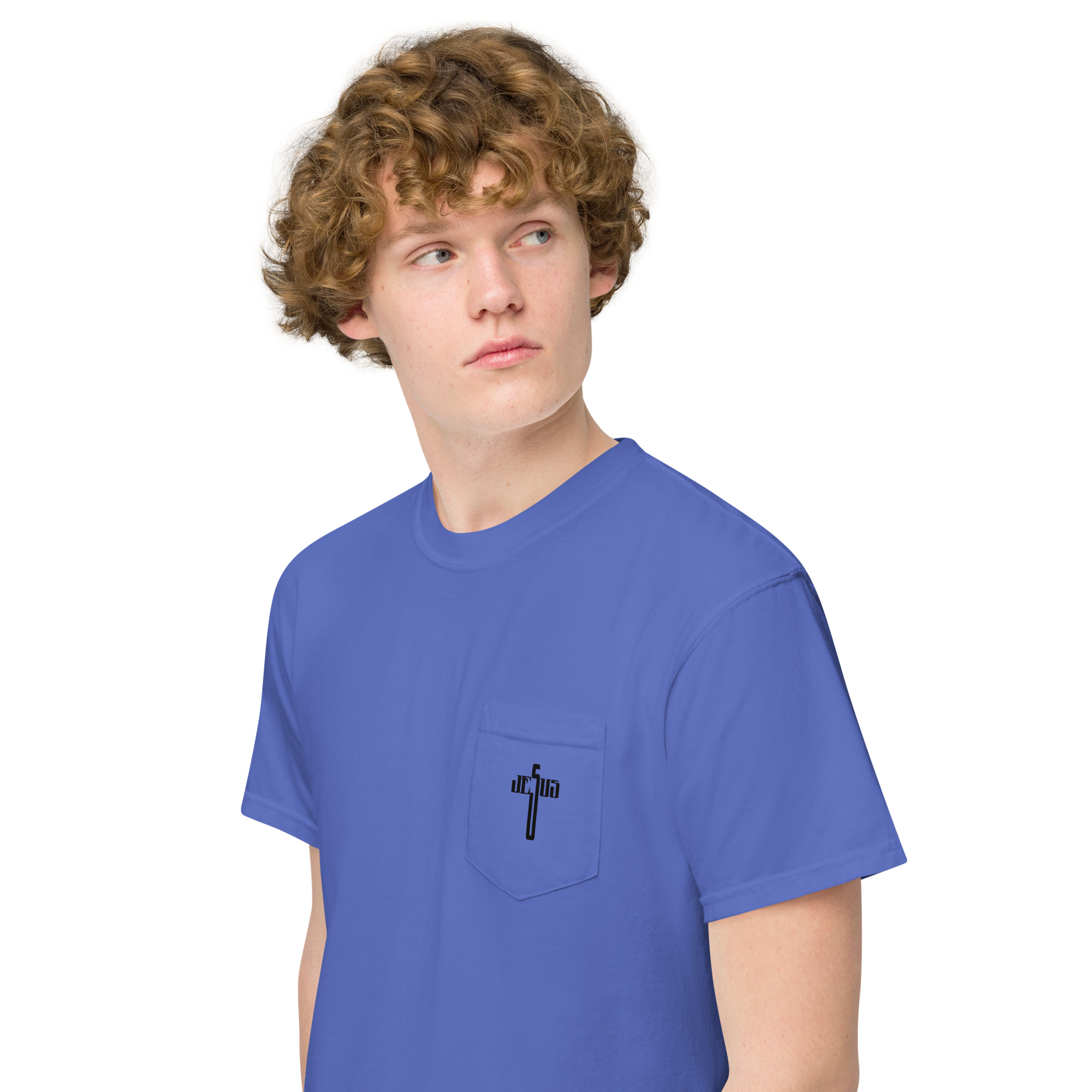 unisex garment dyed pocket t shirt flo blue left front 62fff597b0980