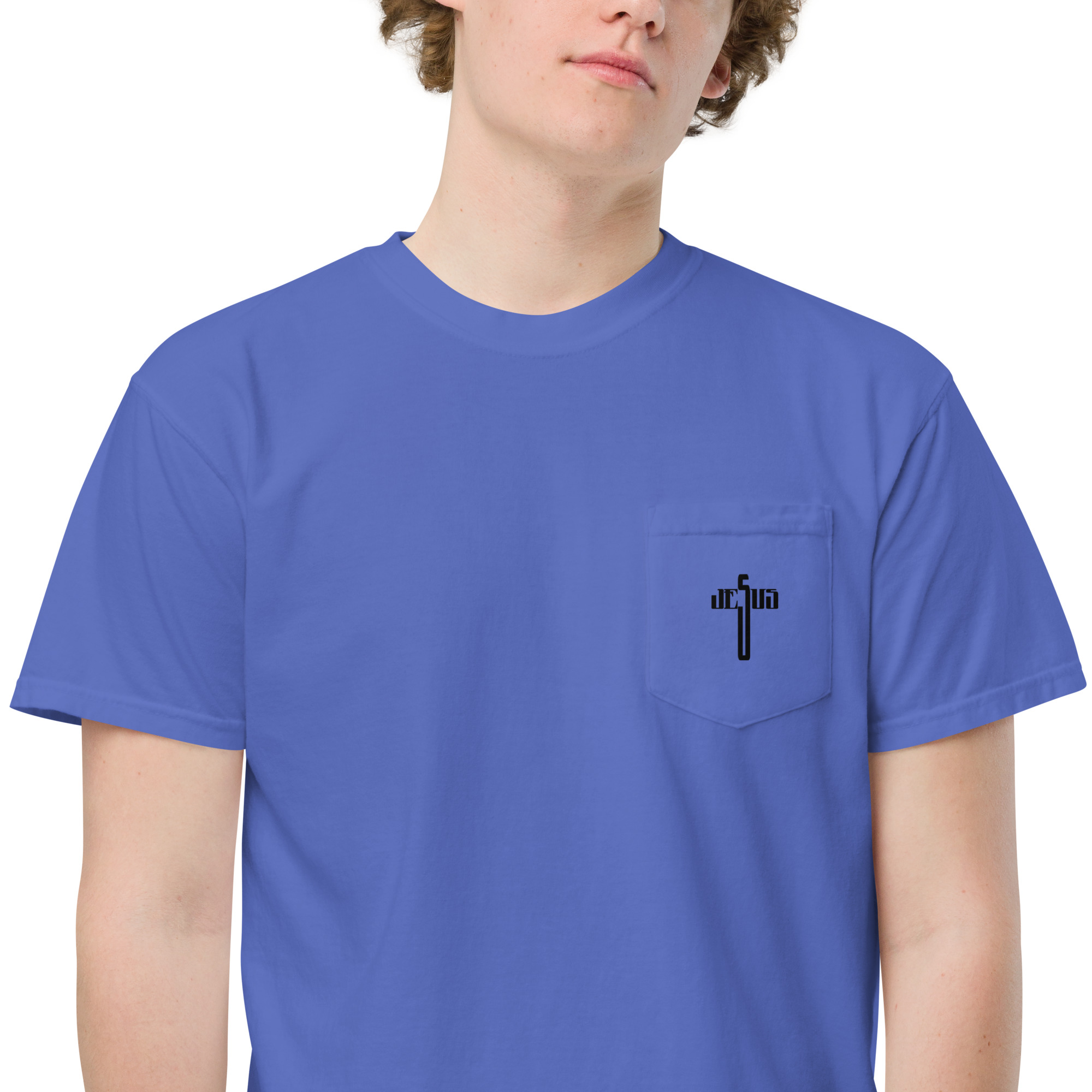 unisex garment dyed pocket t shirt flo blue zoomed in 62fff597b061c