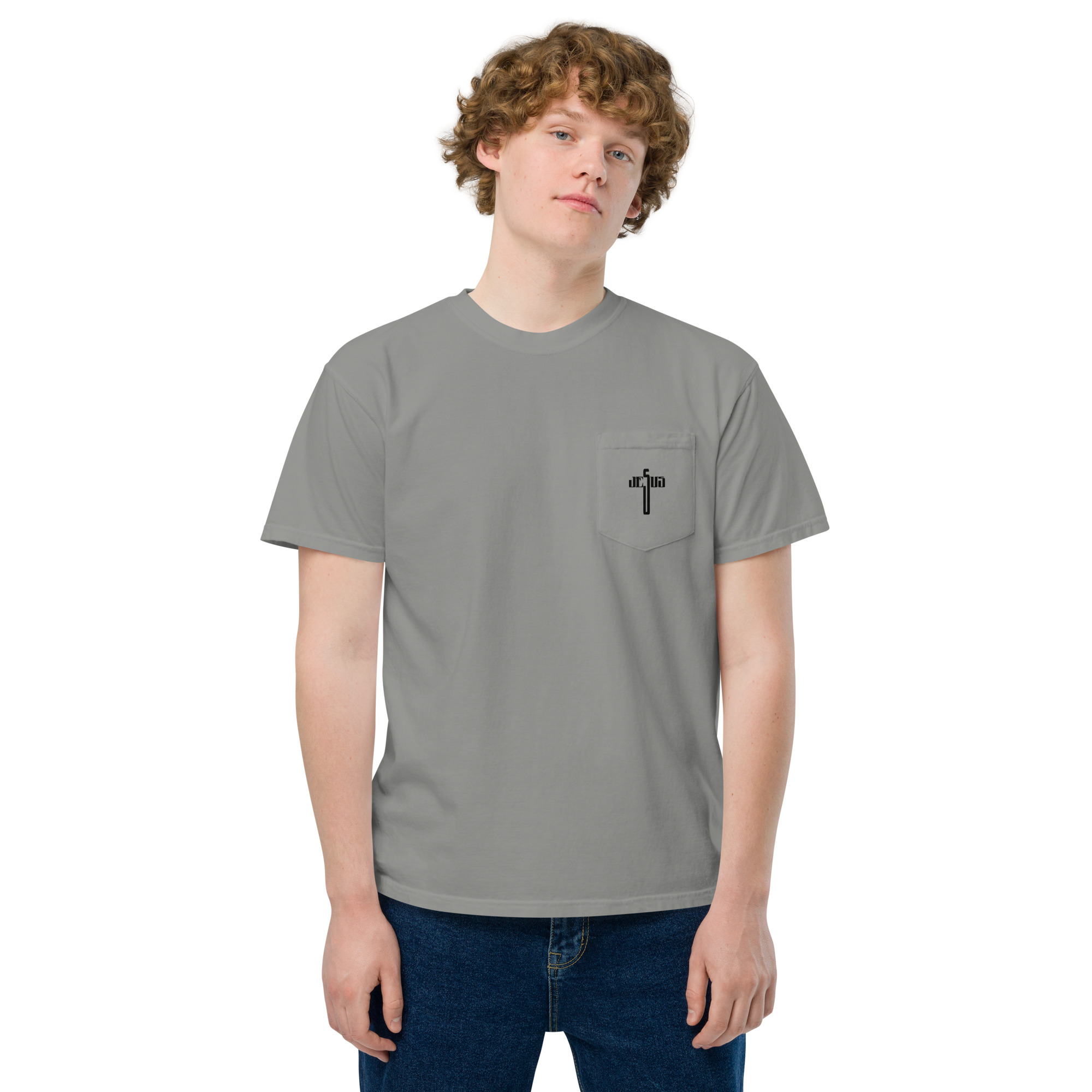 unisex garment dyed pocket t shirt grey front 62fff597b1501